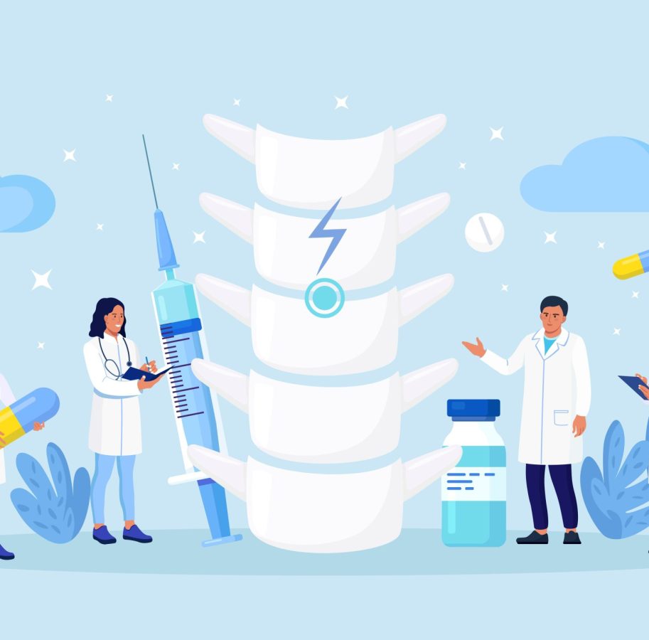 Osteopathic doctor examining patient spine. Spine backbone disease diagnostics. Backache, rheumatism, deformity, vertebral inflammation treatment. Skeletal surgeon. Vertebrologist examine vertebra